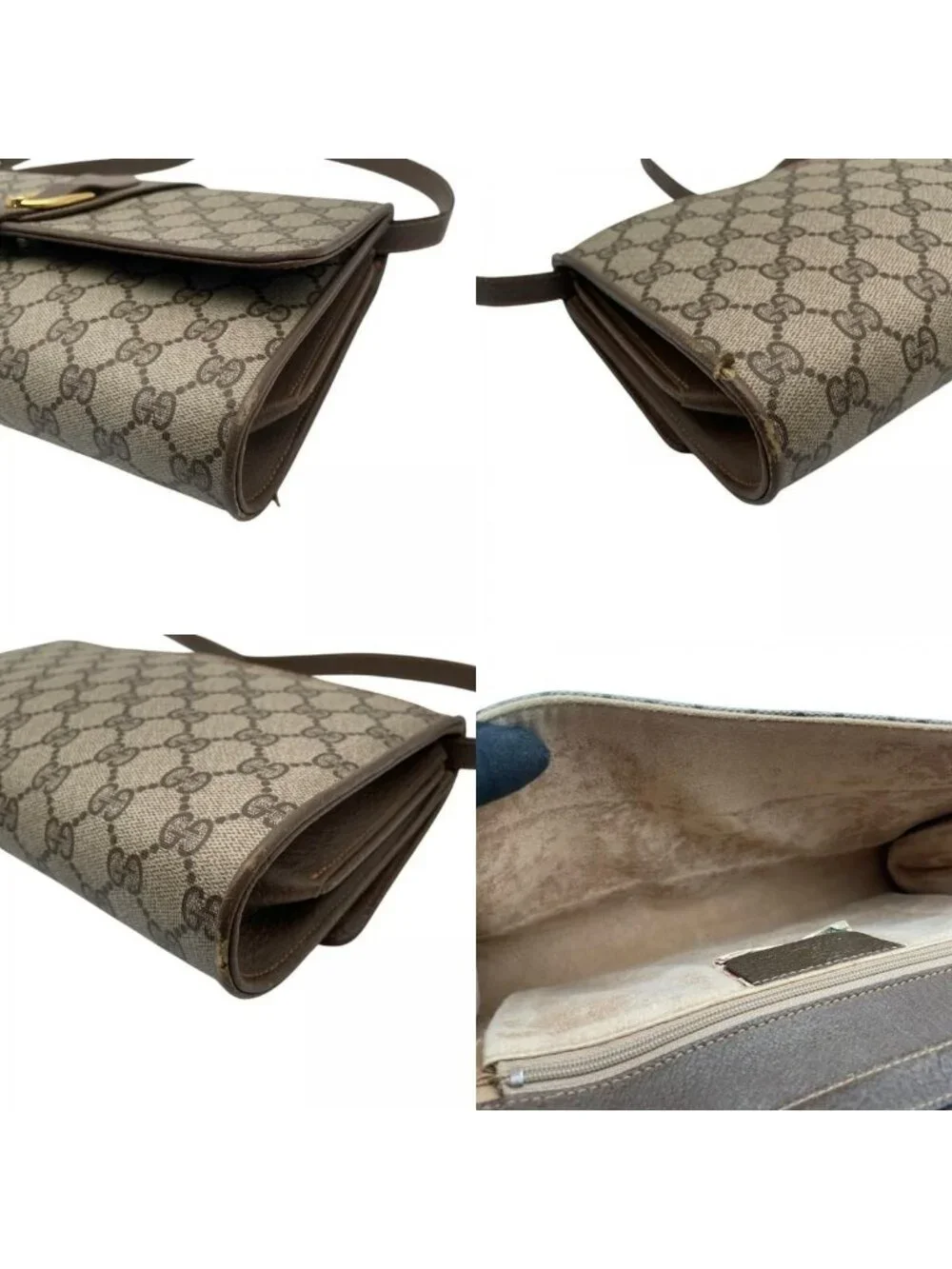 Gucci Shoulder Bag Crossbody Vintage GG Plus Leather Gray Brown Gold Simple